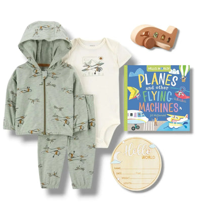 Airplane Baby Gift Set Newborn Boy 0-3M | Outfit, Rattle, Book - Hey Baby Box