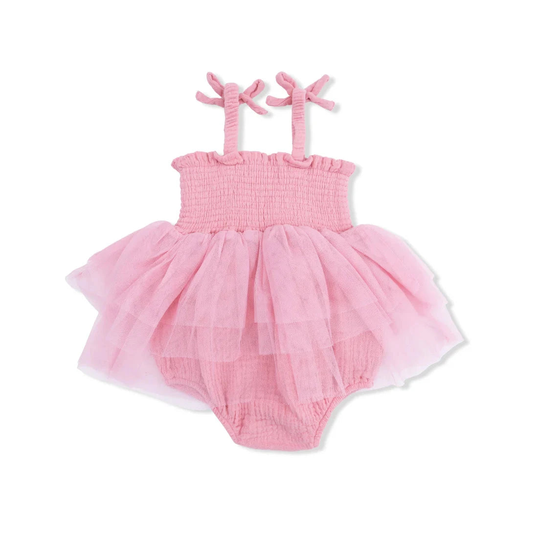 Pink baby romper with ruffled top and skirt on a white background