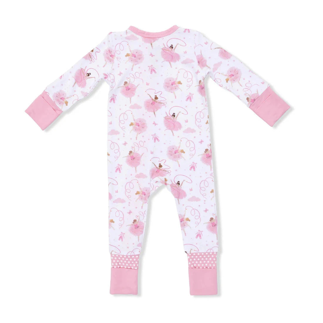 Baby onesie with pink flamingo pattern on a white background
