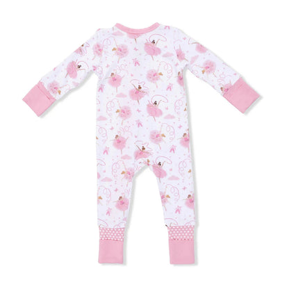 Baby onesie with pink flamingo pattern on a white background