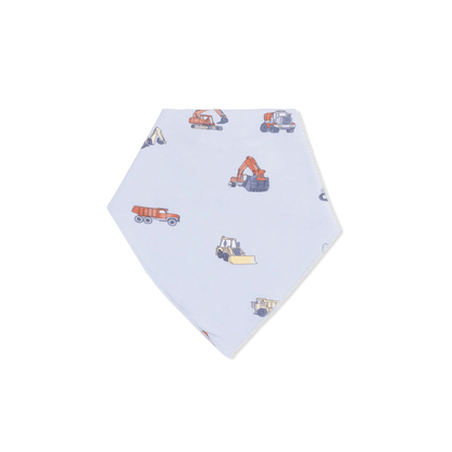 Hexagonal bandana bib with construction vehicle pattern on a white background
