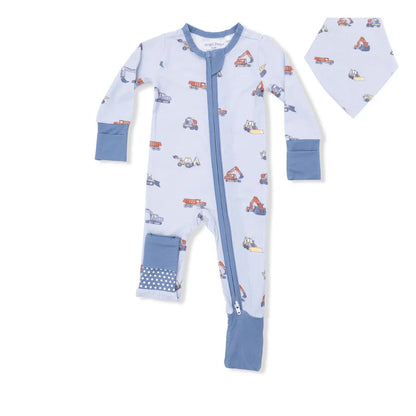 Baby onesie with vehicle pattern and matching bib on a white background