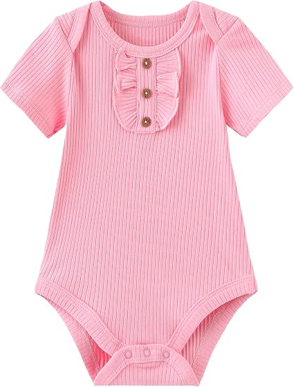 Pink baby bodysuit with short sleeves on a white background