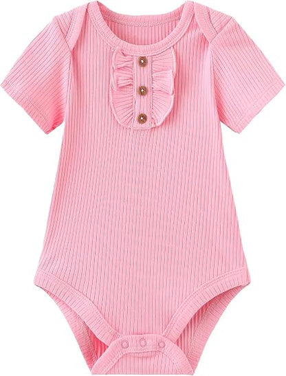 Pink baby bodysuit with short sleeves on a white background