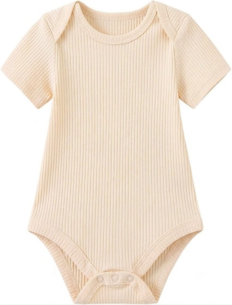 Beige baby onesie on a white background