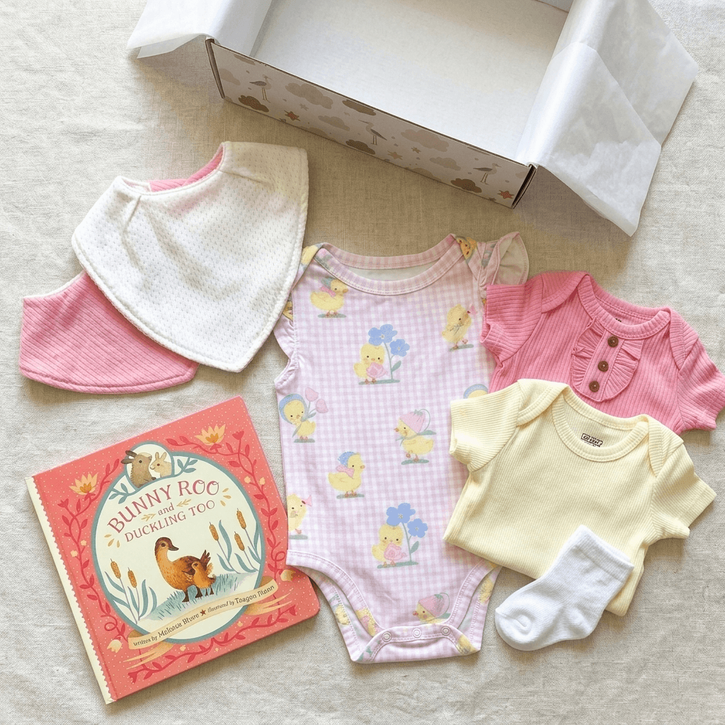 Baby clothing and book set on a neutral background