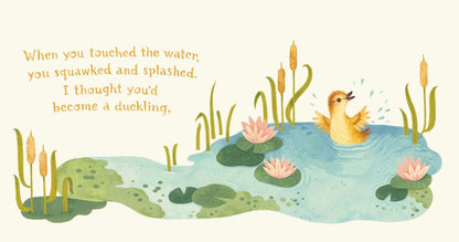 Illustration of a duckling in a pond with lily pads and cattails, accompanied by text.