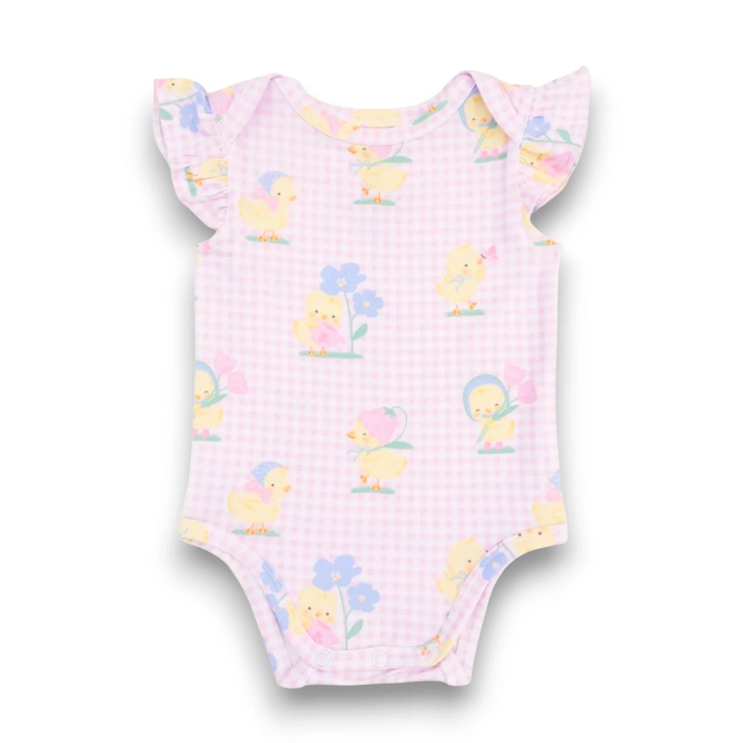 Baby onesie with duck and floral pattern on a white background