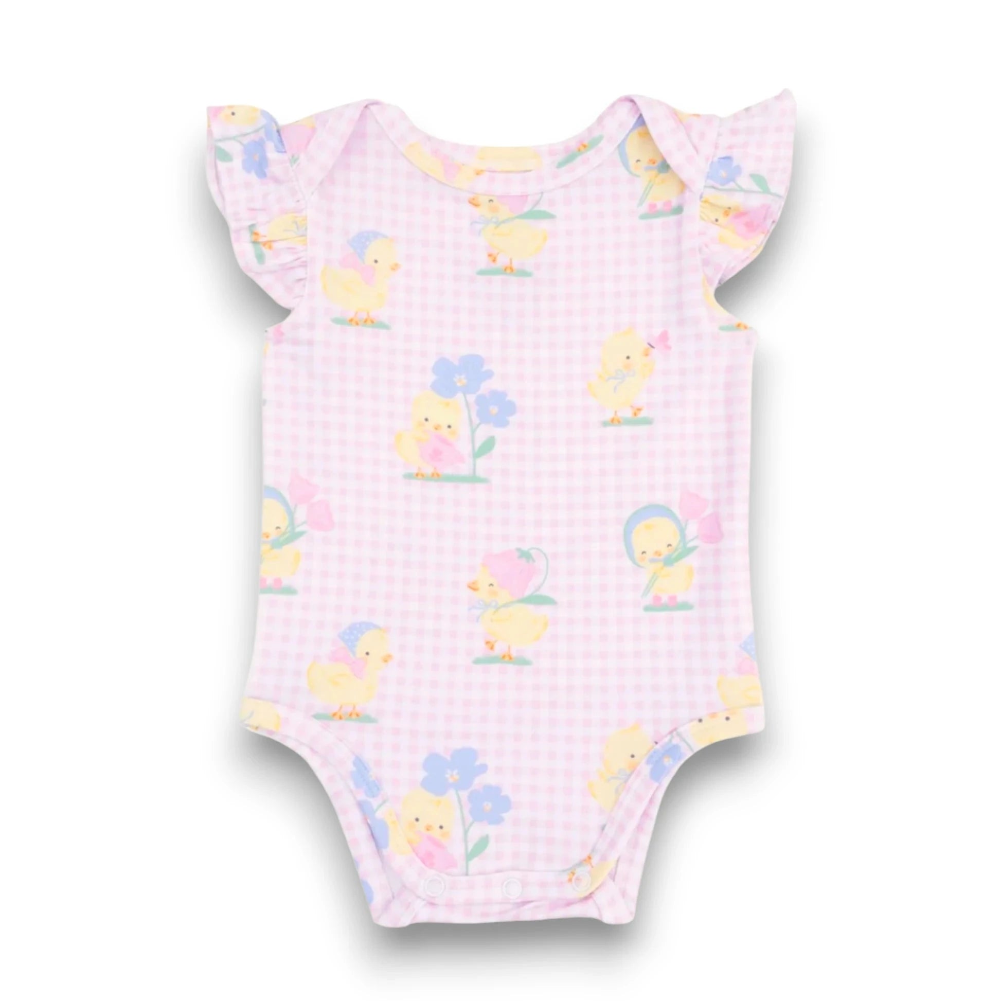 Baby onesie with duck and floral pattern on a white background