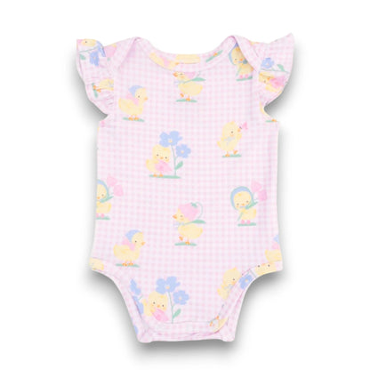 Baby onesie with duck and floral pattern on a white background