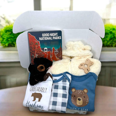 Bear-themed baby gift box with onesies, plush toys, wooden teether, and 'Good Night, National Parks' book