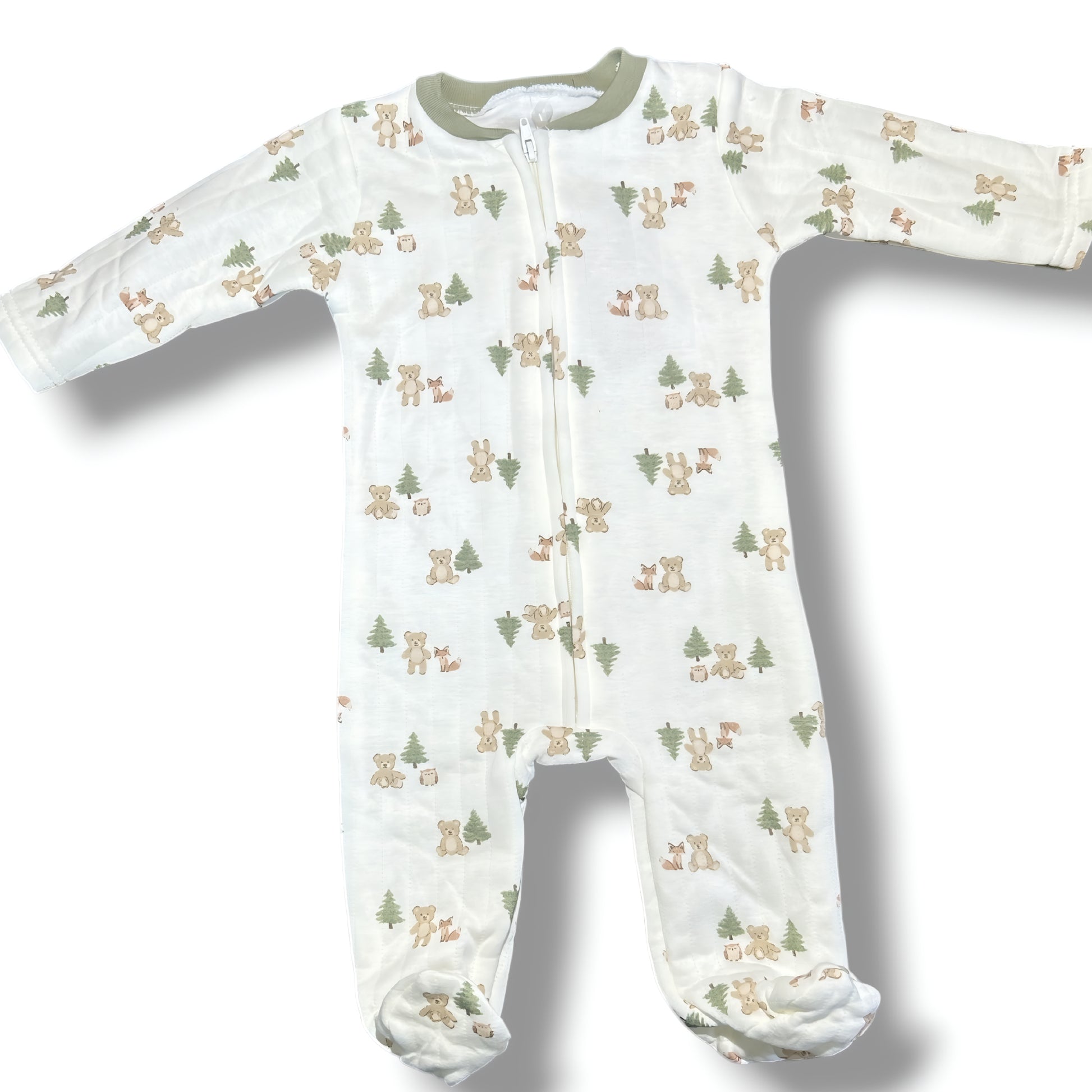 Baby onesie with forest animal pattern on a white background