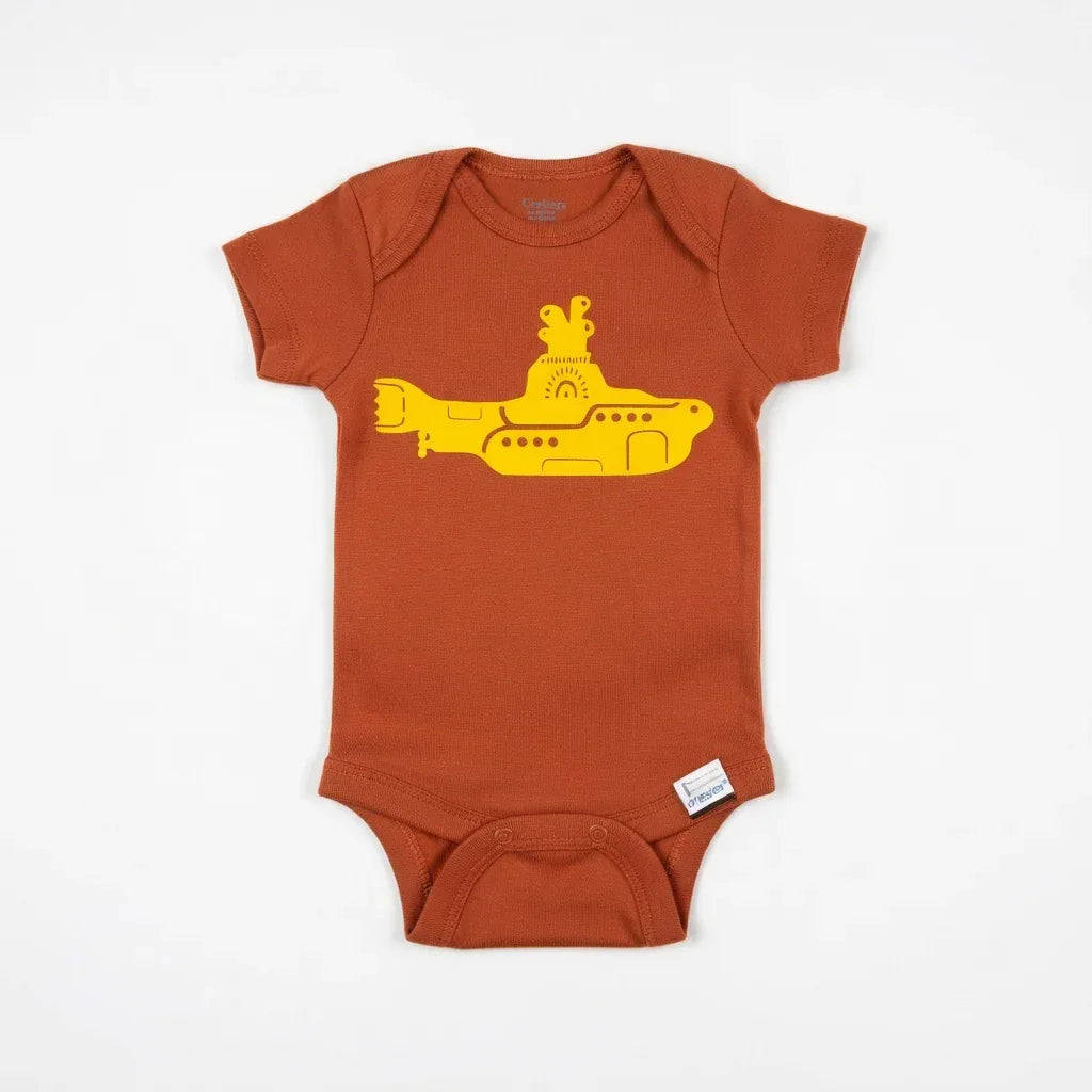 Brown baby onesie with yellow submarine design on a white background