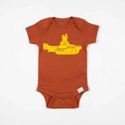 Brown baby onesie with yellow submarine design on a white background