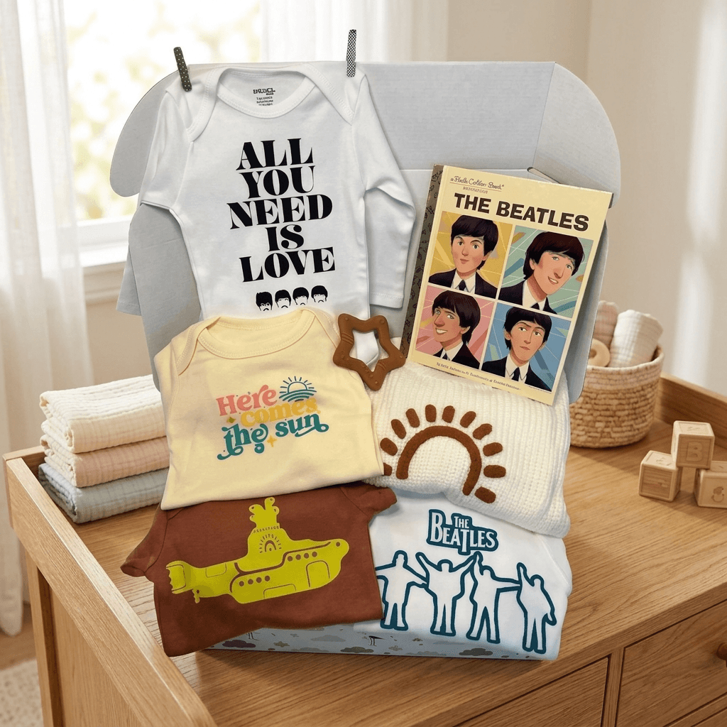 A coordinated baby clothing set displayed on a chair in a softly lit nursery-like setting. The set includes a white bodysuit with black text reading 'ALL YOU NEED IS LOVE,' a pale yellow top with 'Here is the sun,' a brown short-sleeve top with a yellow submarine graphic, a cream knit piece with a brown sun motif, and a white knit piece with blue figures, plus a Beatles album cover styled as part of the display.