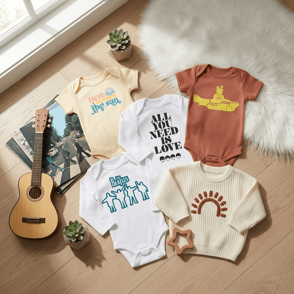 Collection of baby clothing with graphic designs on a wooden floor with a guitar and books.
