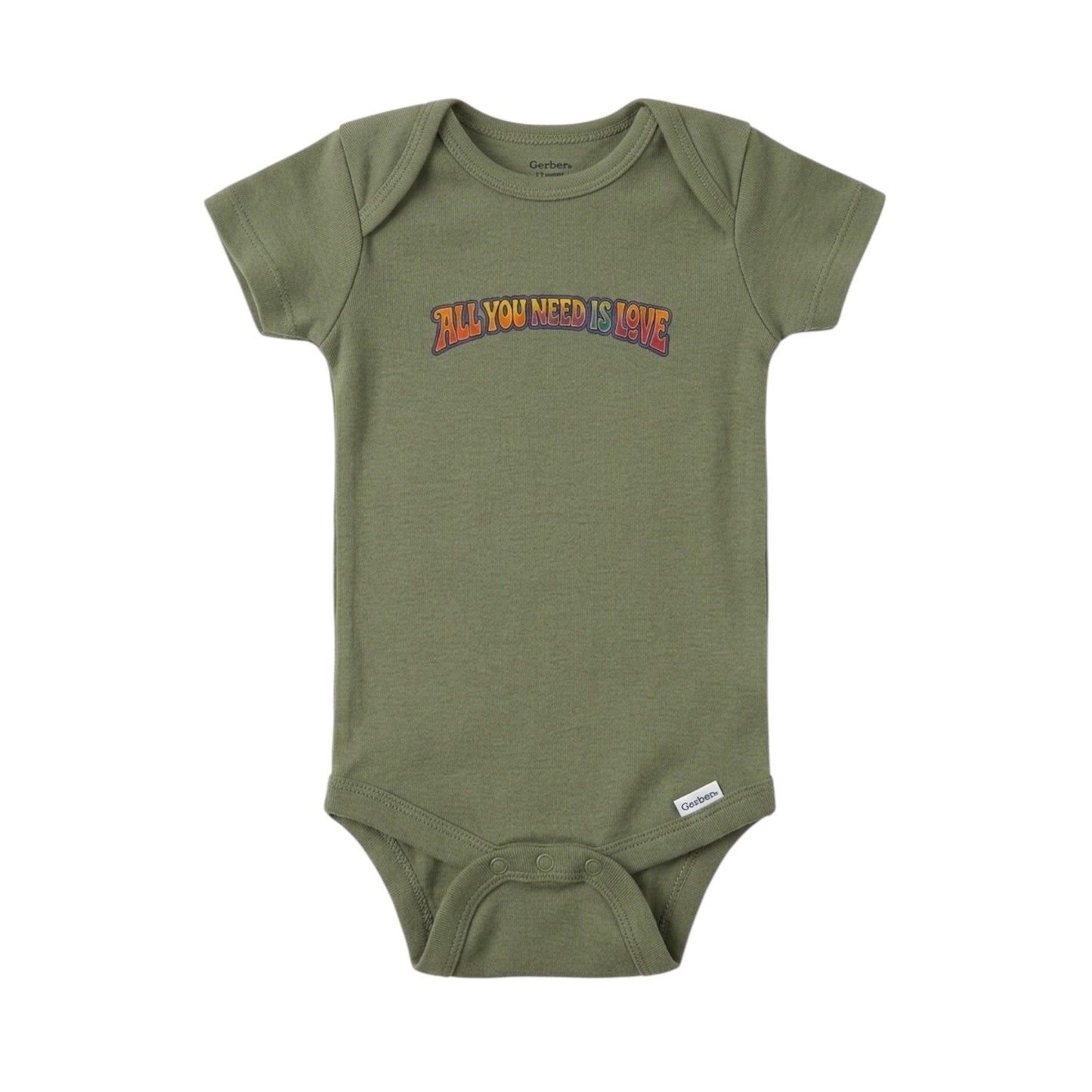 Green baby onesie with 'All You Need Is Love' text on a white background