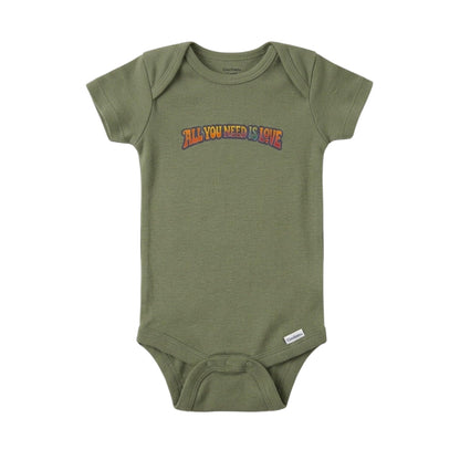 Green baby onesie with 'All You Need Is Love' text on a white background