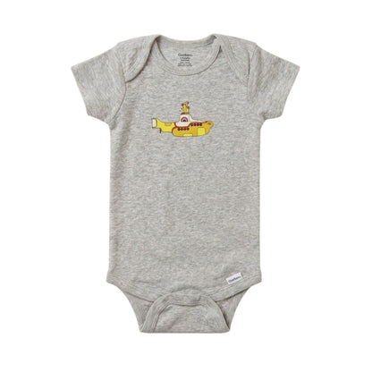 Gray baby onesie with a yellow submarine design on a white background