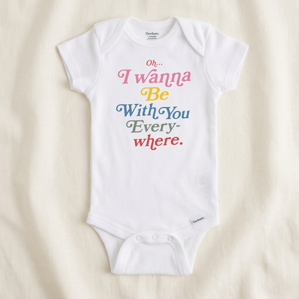 A white short-sleeve baby bodysuit with colorful text reading 'Oh.