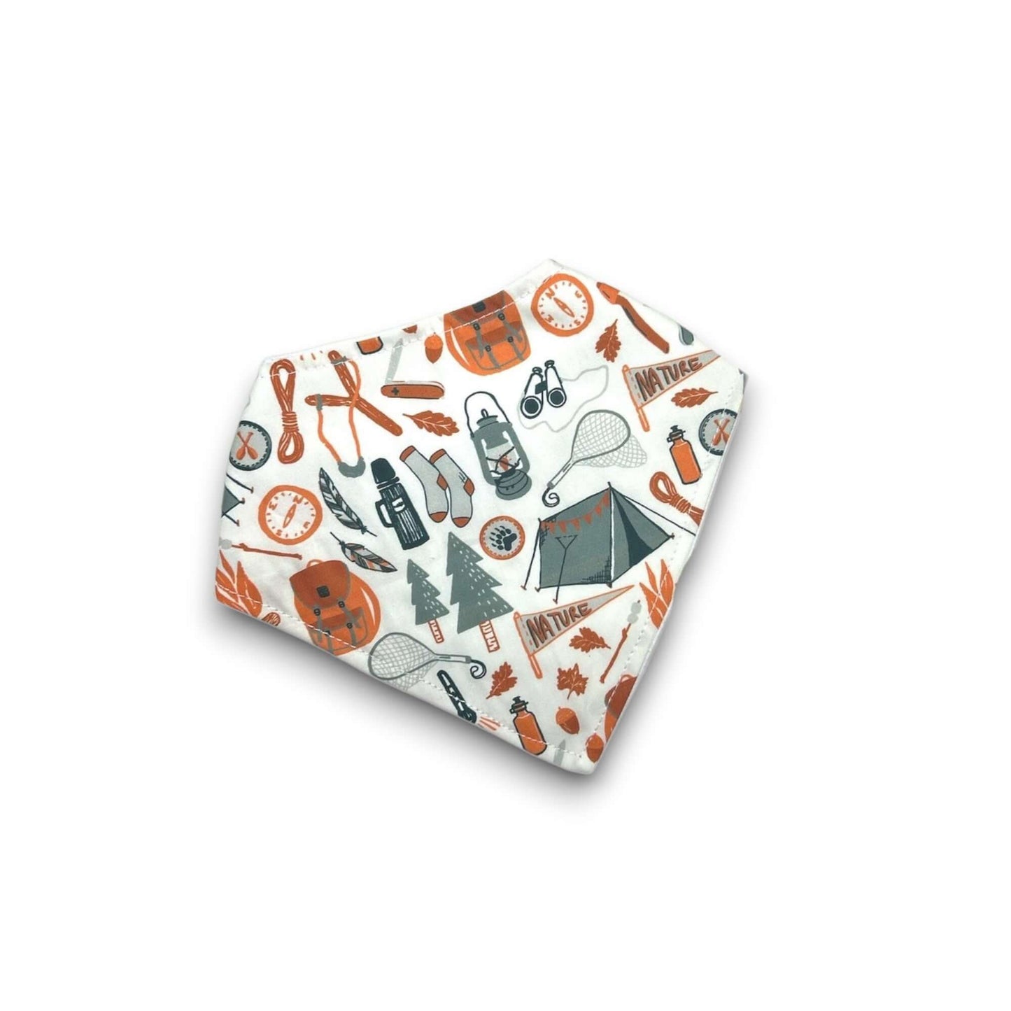 Cozy baby blanket featuring nature-inspired patterns like tents, trees, and camping gear, perfect for outdoor-themed nurseries.