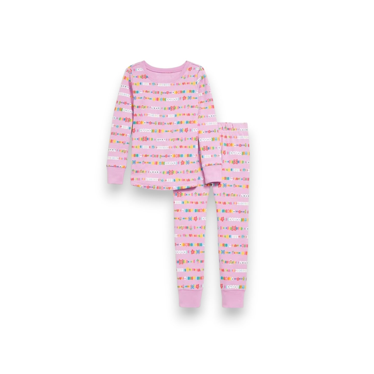 Pink children's pajama set with colorful patterns on a white background