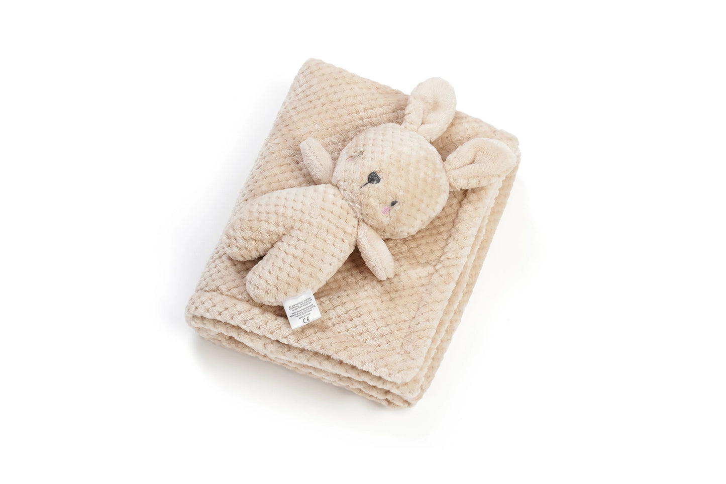 A beige textured waffle-knit baby blanket with a matching plush bunny stuffed animal, photographed on a clean white background.
