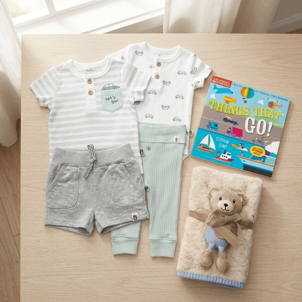 Children's clothing set with shorts, pants, and a book on a wooden surface.