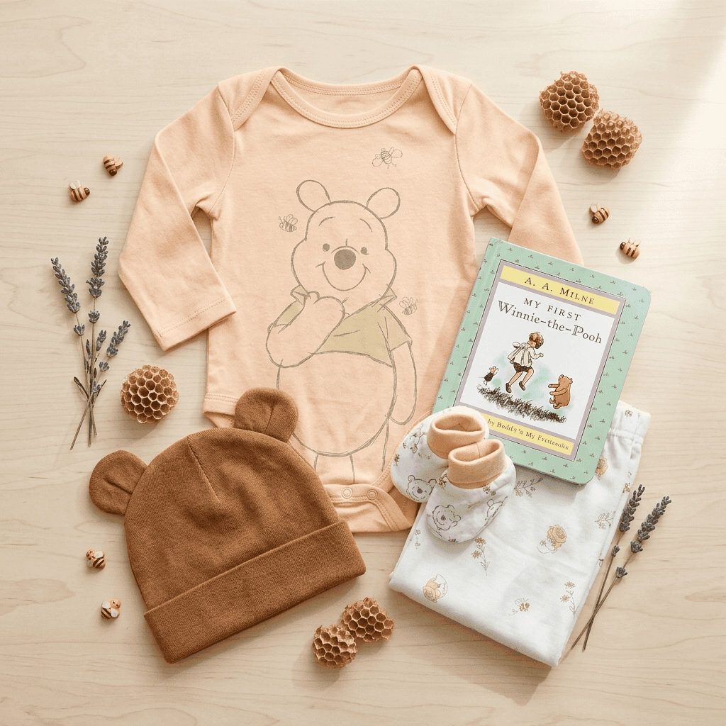 Baby clothing and items with a bear design on a wooden surface