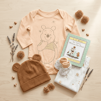 Baby clothing and items with a bear design on a wooden surface