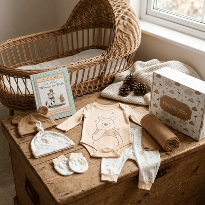 Baby clothing and accessories on a wooden surface with a wicker crib in the background.