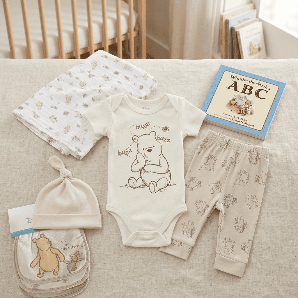 Baby clothing set with Winnie the Pooh design on a couch next to a crib and books.