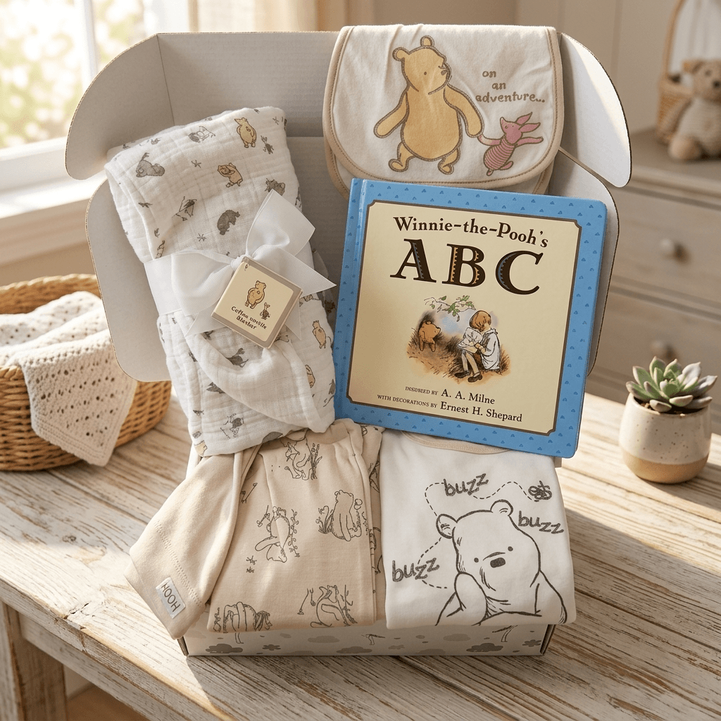 Baby gift set with Winnie-the-Pooh-themed items including a blanket, book, and clothing on a wooden surface.