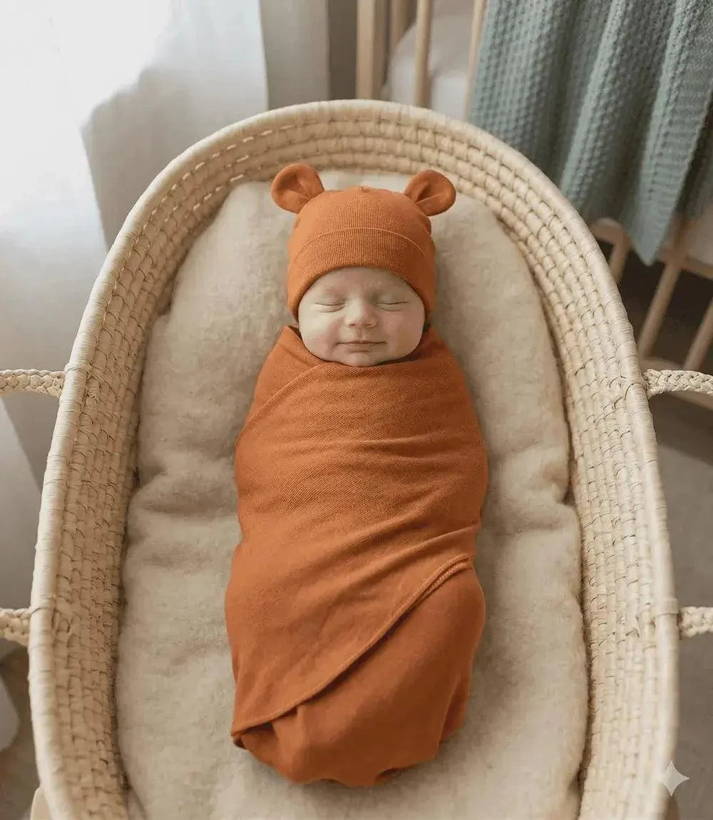 Newborn baby swaddled in orange with bear ears hat in a Moses basket.