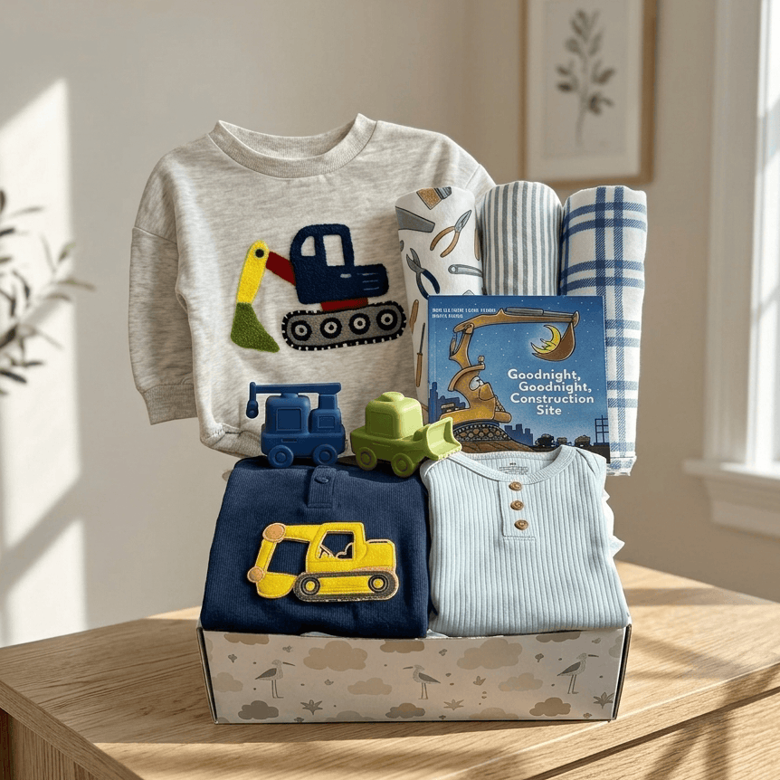 A baby gift basket displayed on a wooden table in a bright room. The basket contains a light heather gray long-sleeve shirt with a construction truck graphic, navy blue and light blue folded garments, a small toy truck, a striped fabric item, and a children's book titled Goodnight, Construction Site.