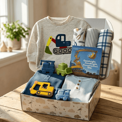 A baby gift box displayed on a wooden table in a sunlit room. The box contains a light heather gray long-sleeve baby shirt with a colorful construction truck graphic, folded blue and white textiles, a blue book titled 'Goodnight, Construction Site!', and small toy construction vehicles.