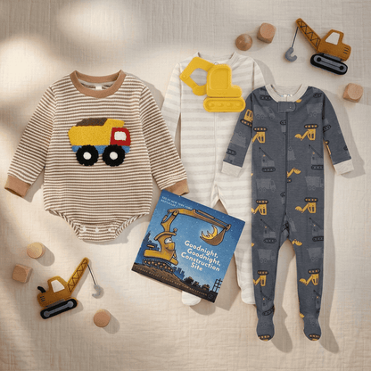 Children's clothing and toys on a textured surface