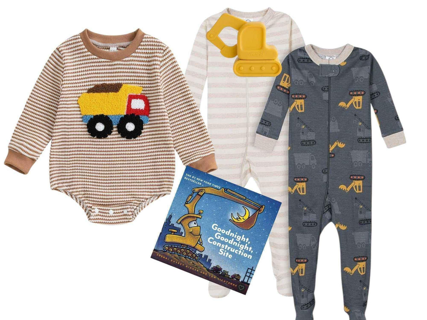 Construction-themed baby onesies with dump truck and excavator designs, paired with a children's book.