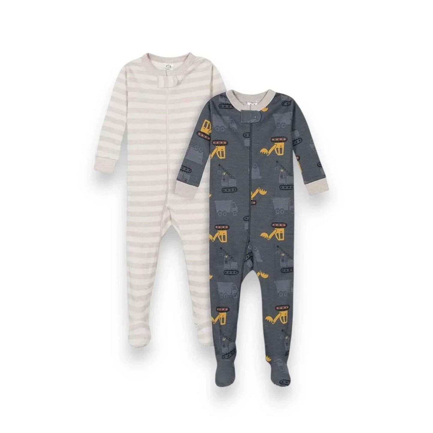 Two baby footed pajamas: one striped, one with construction vehicle print, perfect for baby showers and gifting.