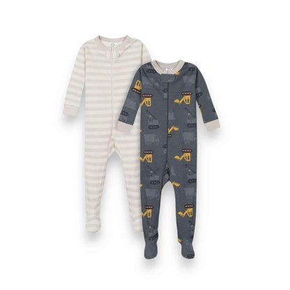 Two baby footed pajamas: one striped, one with construction vehicle print, perfect for baby showers and gifting.