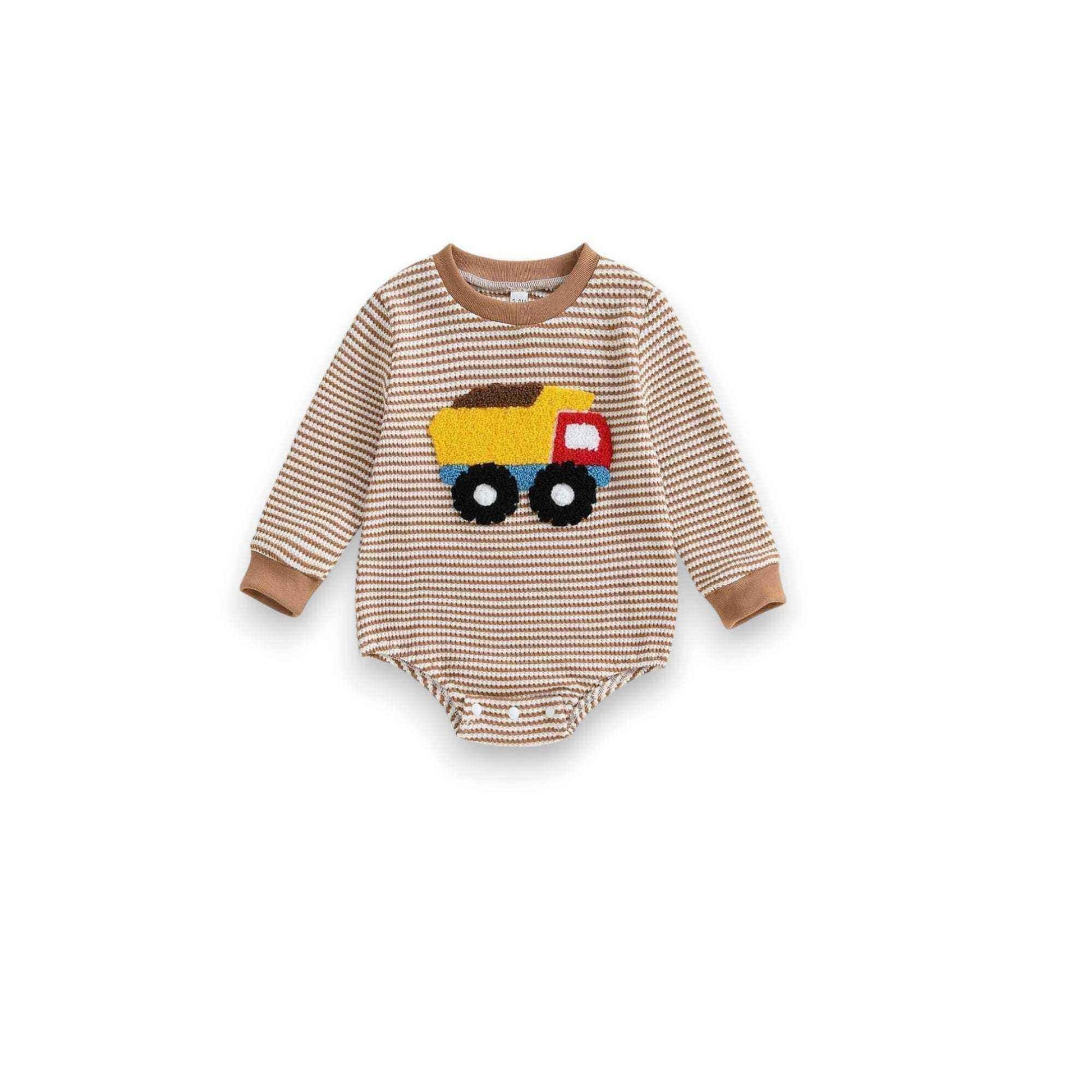 Striped baby onesie with colorful truck appliqué, perfect for themed baby gifts
