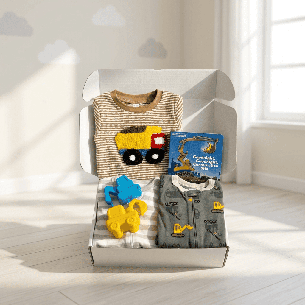 A baby gift set in an open white box, featuring a beige striped long-sleeve shirt with a yellow construction truck applique, a gray long-sleeve romper with yellow construction equipment prints, a blue book titled 'Goodnight Construction Site', and two yellow and blue plush toys, set in a bright room with window light.