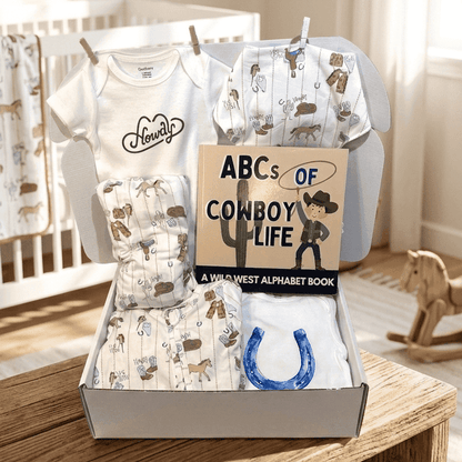 Baby gift set with clothing and book in a box on a wooden table, with a crib and rocking horse in the background.