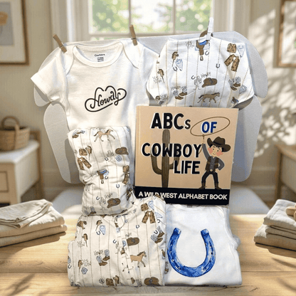 A coordinated baby gift set arranged on a wooden table in a bright nursery-like room. The set includes white baby clothing with cowboy prints, a book titled "ABCs OF COWBOY LIFE," and folded neutral textiles.