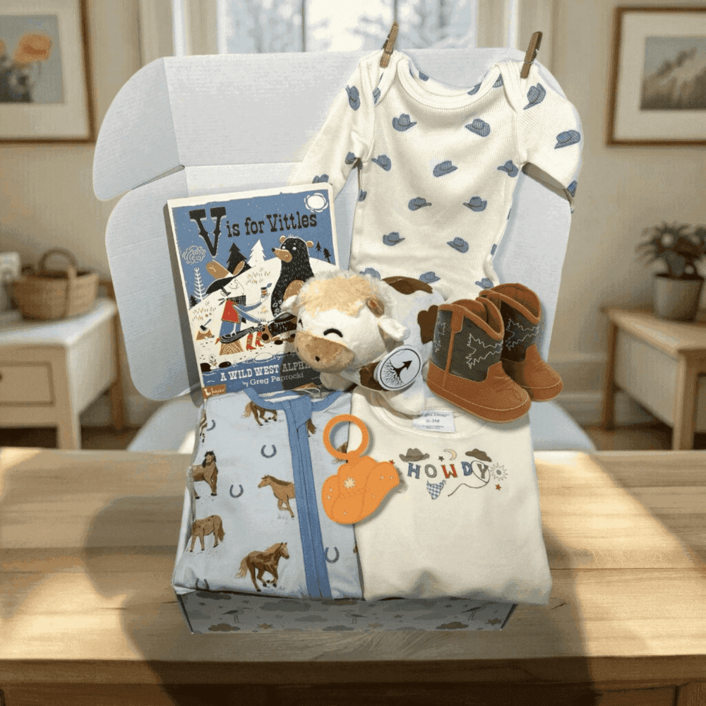 Baby clothing and toys on a chair with a book titled 'V is for Vittles'.