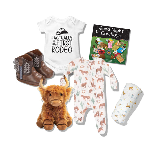 Baby gift set with onesie, boots, plush toy, and book on a white background