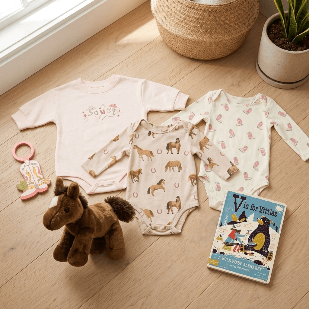 Baby clothing and toys on a wooden floor with a book and plush toy.