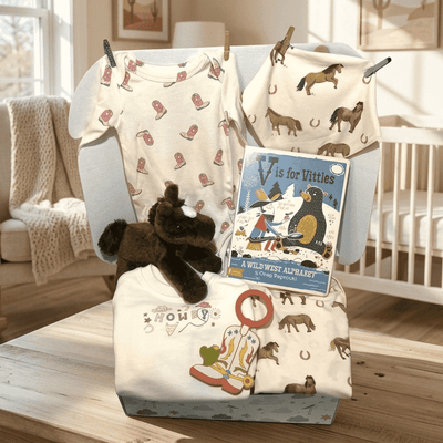 A styled baby gift set displayed on a wooden table in a bright nursery. The set includes a cream-colored blanket with rustic animal prints, a matching baby bib, a plush black bear toy, and a children's book titled 'Visits to the Wild'.