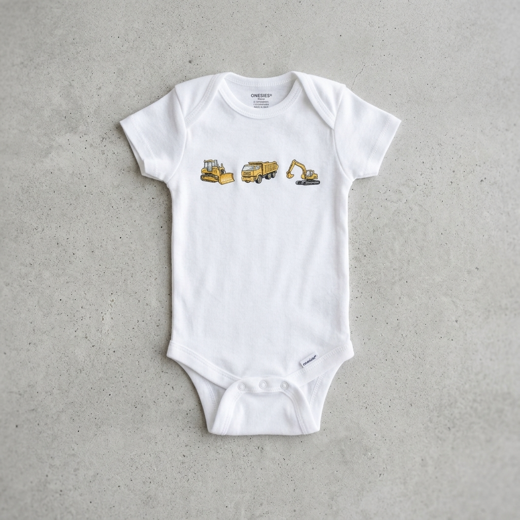 A white short-sleeve baby bodysuit laid flat on a textured gray concrete surface. The bodysuit features a graphic print of three construction vehicles in yellow and gray on the chest: a bulldozer, a dump truck, and an excavator.