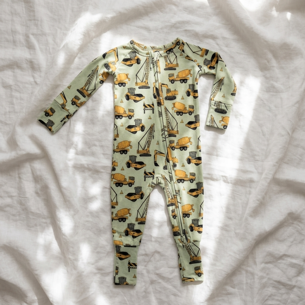 A baby long-sleeve footless one-piece jumpsuit with an all-over construction vehicle print, laid flat on a white fabric background with soft shadows.